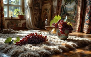 Картинка натюрморт, виноград, спокойствие, пушистый ковёр, 1920 1080, уют, натюрморт с фруктами, тепло, композиция, ваза, вино, 2k, художественная, бокал, ИИ, декор, солнечный свет, свет, интерьер, 4k, эстетика, домашний интерьер, картины, деревянный пол, нейросеть