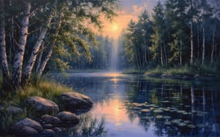 Картинка пейзаж, озеро, нейросеть, 1920 1080, зелень, закат, отражение, ИИ, природа, тени, 4k, картина, камни, летний пейзаж, свет, спокойствие, кувшинка, деревья, берёзы, лес, 2k, гладь воды, береговая линия, закатное солнце, роща
