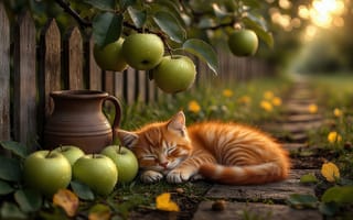 Картинка котёнок, рыжий кот, нейросеть, животные, тропинка, яблоки на траве, умиротворение, кот спит, природа, сад, зелёные яблоки, 4k, гармония, утренний свет, свет, 2k, натюрморт, деревянный забор, ИИ, садовый пейзаж, трава, 1920 1080, забор, кувшин, спокойствие, сельская местность, закат, отдых, размытый, осень, сон, глиняный кувшин, яблоки, уют, листья, деревенская атмосфера