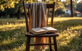Картинка книга, стул, отдых, домик, золотистый свет, умиротворение, спокойствие, плед, чтение, уют, ИИ, открытое пространство, пейзаж, летний день, природа, деревья, солнце, 2k, нейросеть, трава, тени, лужайка, деревенская атмосфера, 1920 1080, 4k