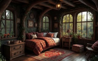 Картинка деревянная кровать, плетёная корзина, уютная спальня, деревянные балки, клетчатый плед, мягкий свет, восточный узор, 2k, арочные окна, винтажные картины, кресло-качалка, природные элементы, 4k, нейросеть, кантри-интерьер, керамическая кружка, загородный стиль, живые растения, 1920 1080, ИИ, деревянная мебель, рустикальный стиль, тёплые оттенки, ковёр с орнаментом, текстильный декор, старинный фонарь, зелёные растения, настольная лампа, состаренная отделка, гармония с природой