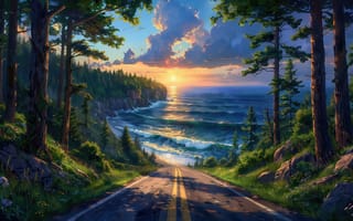 Картинка закат, дорога, нейросеть, 1920 1080, 2k, природа, живописный пейзаж, закатное небо, спокойствие, ИИ, трава, волны, 4k, цветы, море, деревья