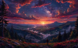 Картинка пейзаж, закат, природа, солнце, леса, панорама, спокойствие, цветущие кустарники, облака, пурпурные оттенки, горы, одинокая фигура, туман, 1920 1080, свет, холмы, синие оттенки, долина, оранжевые оттенки, сосен, звёздное небо, звёзды, ИИ, возвышенность, хвойные деревья, Млечный Путь, нейросеть, 2k, закатные облака, 4k