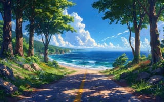 Картинка дорога, море, небо, ИИ, скалы, пляж, волны, солнце, цветы, деревья, природа, аниме-пейзаж, горизонт, 1920 1080, 4k, облака, зелень, нейросеть, тени, 2k