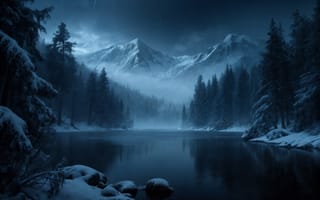 Картинка монохромный, на открытом воздухе, синяя тема, дерево, вода, природа, дождь, лес, облако, озеро, облачное небо, ночь, отражение, рок, небо, горы, пейзаж, без людей