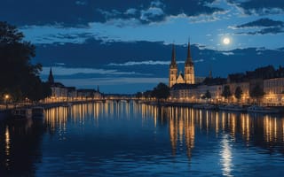 Картинка ночь, городской пейзаж, река, облачное небо, городской горизонт, городские здания, фонари, рабочий стол, вечерний вид, архитектурные достопримечательности, готика, собор, Луна, 16:9, освещение, набережная, шпили, 4k, вода, отражения, европейский город, зеркальная гладь, городской ландшафт, урбанистика, HD, ИИ, 2k, лодки, романтика, 1920 1080, вечерний свет, спокойствие, панорамный вид, архитектура, деревья, лунный свет, нейросеть