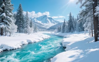 Картинка на открытом воздухе, небо, лес, день, синее небо, солнце, зима, сосна, дерево, облако, пейзаж, без людей, снег, горы, природа