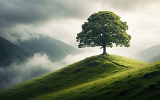 Картинка дерево, дуб, 2k, крона, природная гармония, зелёная листва, 16:9, свежесть, рабочий стол, 4k, горы, нейросеть, дикая природа, спокойствие, естественная красота, горный пейзаж, умиротворение, природа, зелёная трава, утренний туман, возвышенность, холм, травяной холм, ИИ, HD, 1920х1080, экосистема, пейзаж, ствол, ландшафт, туман, зелёный ландшафт, одинокое дерево, зелёный дуб, атмосферный пейзаж, облака