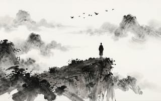 Картинка суми-э, китайская живопись, искусство Востока, монохромная живопись, силуэт, 16:9, спокойствие, природа в искусстве, природа, восточная философия, эстетика Востока, туман, традиционная живопись, облака, горы, минимализм, атмосферность, созерцание, гохуа, рабочий стол, чернильная живопись, горный пейзаж, 1920х1080, ИИ, 2k, 4k, гармония, медитация, баланс, нейросеть, чернильные мазки, человек, пейзаж, восточная эстетика, духовность, HD, художественная абстракция, одиночество