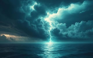 Картинка гроза, молния, шторм, океан, небо, тёмные облака, сумрак, нейросеть, природная стихия, бирюзовый свет, водная гладь, драматичный пейзаж, ИИ, буря, зигзаг молнии, горизонт, электричество, природная мощь, 1920 1080, 4k, тучи, 2k, море, свечение, атмосферное явление