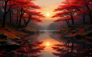 Картинка пейзаж, осень, алая листва, картина, отражение, берег, река, ИИ, спокойствие, 4k, закат, камни, 2k, лес, художественный пейзаж, 1920 1080, клёны, нейросеть, природа, дымка, солнце, красота, гармония, гладь воды, тёплые оттенки