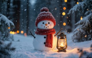 Картинка индивидуальные, глядя на зрителя, снеговик, красный шарф, без людей, шляпа, ночь, проведение, румяна, птица, размытый, дерево, зима, фонарь, красные головные уборы, держащий фонарь, вязаная шапочка, снег, шарф, на открытом воздухе, снежный покров