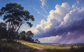 Картинка пейзаж, природа, сельская местность, атмосферный пейзаж, драматичный пейзаж, закатные облака, простор, 4k, нейросеть, голубое небо, лирический пейзаж, трава, небо, природная красота, сельский пейзаж, 16:9, HD, облака, гроза, деревья, ИИ, художественная картина, полевая растительность, сосна, горизонт, дождь, ландшафт, реализм, картина, 2k, природа в искусстве, рабочий стол, тучи, тропинка, зелень, поле, 1920х1080