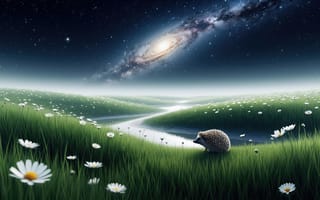 Картинка ёжик, ромашки, 4k, рабочий стол, галактика, ночная тишина, звёздное небо, ИИ, космическое пространство, трава, пейзаж, красота, цветы, мир природы, фантазия, поле, луг, 1920 1080, 16:9, космос, Вселенная, белый цветок, нейросеть, спираль галактики, HD, 2k, звёзды, зелёный луг, сказочность, волшебство, космическая эстетика, звёздная пыль, тишина, ночное небо, природа, ночная сцена, романтика, умиротворение