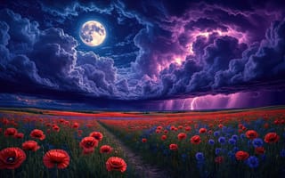Картинка ночь, Луна, 16:9, поле, весна, пейзаж, ИИ, эстетика природы, природа, небо, грозовые облака, 2k, фиолетовые оттенки, HD, 1920 1080, атмосферная сцена, цветочное поле, звёздное небо, шторм, драматичный пейзаж, цветы, сумеречный пейзаж, молния, закат, 4k, тропинка, маки, контраст, красные маки, нейросеть, природная красота, лунное сияние, рабочий стол, гроза, облака, грозовое небо, фантастический пейзаж, синие цветы