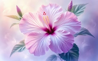 Картинка гибискус, цветок, розовый гибискус, нейросеть, экзотический цветок, природа, 4k, цветочный рисунок, пурпурный центр, 1920 1080, ботаническая иллюстрация, флора, тычинки, тропический цветок, акварельная эстетика, зелёные листья, лепестки, ИИ, пастельный