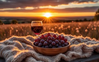 Картинка закат, бокал вина, виноделие, 2k, поле, натюрморт, красота природы, виноград, травы, свежесть, 1920 1080, солнце, вечер, ИИ, тёплые тона, красное вино, сельская идиллия, сельская местность, романтика, пейзаж, уют, природа, отдых, 4k, деревянная миска, миска, закатное солнце, нейросеть, вязаный плед, спокойствие