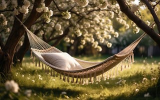 Картинка гамак, сад, 4k, 2k, тень, зелёный газон, плетёный гамак, ветви, цветы, отдых, расслабление, загородный отдых, идилия, умиротворение, зелень, ИИ, 16:9, ландшафтный дизайн, красота природы, природа, подушка, цветущий сад, спокойствие, цветущие деревья, HD, белый цветок, гармония, романтика, нейросеть, солнце, весна, аромат цветов, рабочий стол, садовый уголок, свежесть, 1920х1080, уют, тёплый свет