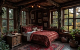 Картинка деревенский стиль, спальня, уют, восточная орнаментика, ИИ, ретро-освещение, текстиль, вид на лес, кровать, картины на стенах, деревянные балки, подушки, клетчатое покрывало, природная эстетика, книги, 4k, комнатные растения, 1920 1080, нейросеть, ковёр, деревянная отделка, плетёные корзины, асимметричный декор, подоконники, 2k, большие окна