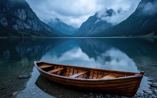 Картинка лодка, озеро, суровые склоны, прохлада, пейзаж, вода, деревянный корпус, 4k, хвойный лес, высота, облака, берег, умиротворение, альпийский ландшафт, величественность, ИИ, красота, зеркальная гладь, спокойствие, дикая природа, зеркальное отражение