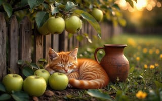 Картинка рыжий котёнок, сон, яблоня, сельская идиллия, яблоки, размытый, свет, садовый пейзаж, трава, листья, деревянный забор, сад, натюрморт, полевые цветы, деревенский, зелёные яблоки, закат, животные, осень, утренний свет, гармония, уют, сельская местность, спокойствие, глиняный кувшин, умиротворение, природа, тропинка, деревенская атмосфера