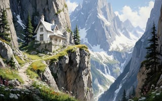 Картинка горы, домик, снег, красота, хребет, гармония, нейросеть, пики, вершины, 2k, альпийские луга, 1920х1080, уют, зелень, спокойствие, идилия, панорамный вид, 16:9, скала, ущелье, обрыв, камень, суровая природа, пейзаж, рассвет, приют, долина, высота, скалы, цветы, ИИ, уединение, 4k, рабочий стол, HD, хвойные деревья, тропа, природа, луг
