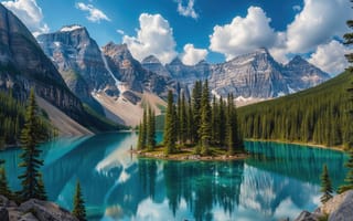 Картинка озеро, горы, Канада, остров, 4k, 1920х1080, скалистые вершины, панорамный вид, ели, альпийский ландшафт, облака, бирюзовый, дикая природа, величественность, спокойствие, ИИ, небо, природа, вода, 2k, хвойные деревья, лето, тишина, Банф, отражение, красота, хвойный лес, HD, горное озеро, хвойная роща, пейзаж, 16:9, нейросеть, рабочий стол, Морейн-Лейк, национальный парк, чистый воздух