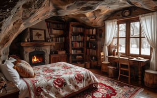 Картинка пещера, спальня, нейросеть, уединение, шторы, скальные стены, природа за окном, зимний пейзаж, эстетика, декор, уют, рабочий стол, комфорт, ваза с цветами, книжные полки, книги, чтение, тепло, 2k, окно, 4k, грот, интерьер, деревянный интерьер, камин