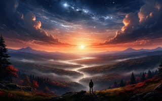 Картинка закат, пейзаж, 4k, облака, долина, просторы, природа, красные листья, скала, река, панорамный вид, звёзды, осень, холмы, лес, умиротворение, силуэт, горы, свет, рассвет, хвойные деревья, величественность, созерцание, выступы, спокойствие, контрастность, Млечный путь, цифровая живопись, атмосферность, красота, ИИ, туман, нейросеть, космос, небо, тени, 2k, горизонт, одиночество, 1920 1080, лиственные деревья, арт, человек