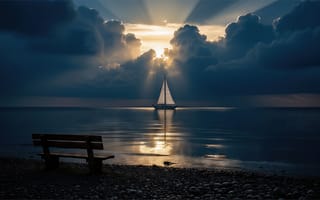 Картинка парусник, море, небо, одиночество, нейросеть, 1920х1080, рабочий стол, природа, HD, гладь, морской пейзаж, облака, парус, тишина, живописный вид, галька, сумрак, даль, тени, скамейка, 4k, романтика, ИИ, красота природы, вода, 16:9, горизонт, солнечные лучи, 2k, отражение, мечтательность, парусная лодка, путешествие, умиротворение, свет, берег, закат, спокойствие