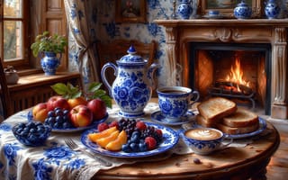 Картинка фарфор, сервиз, натюрморт, нейросеть, домашний интерьер, чаепитие, осень, декор, тосты, яблоки, уютный вечер, ИИ, сервировочная посуда, гжельский орнамент, вечер, посуда, классика, стол, синий узор, чай, очаг, 2k, персики, фрукты, композиция, 4k, камин, виноград, домашняя атмосфера, эстетика, скатерть, гжель, столовая, где подают блюда, сервировка, тепло, свет, 1920 1080, уют, русский стиль, каминный зал, ягоды