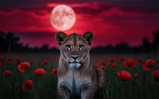 Картинка львица, маки, поле, трава, рабочий стол, природа, ИИ, величественность, сияние, взгляд, полнолуние, 16:9, закат, цветы, искусство, 2k, дикая природа, красота, 4k, романтика, красный, спокойствие, багряное небо, контраст, пейзаж, мистика, 1920х1080, сила, нейросеть, дикость, эстетика, HD, царица, хищница, ночь, животные, Луна, Саванна
