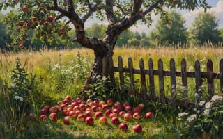 Картинка яблоня, яблоки, лето, картина, облака, кусты, гармония, сад, 1920 1080, деревянный забор, урожай, деревья, ромашки, солнечный свет, 4k, изобилие, нейросеть, загородная сцена, 2k, полевые цветы, натюрморт, тёплая палитра, природа, деревенская атмосфера, трава, природная красота, спокойствие, сельский пейзаж, зелень, ИИ, штакетник