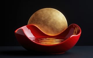 Картинка арт, чаша, композиция, диск, ИИ, нейросеть, геометрия, дизайн, 1920 1080, 3D-графика, 2k, отражение, эстетика, искусство, красный, контраст, объект, золотой, 4k, минимализм, визуализация, свет, абстракция, современный стиль