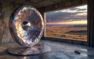 Картинка скульптура, Тор, бетон, 4k, ИИ, минимализм, бублик, отражения, нейросеть, облака, степь, закатное небо, арт-объект, 2k, металл, панорамное окно, 1920 1080, свет, инсталляция, интерьер, горизонт, пейзаж, переливы, футуризм, абстракция