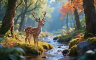 Картинка на открытом воздухе, день, дерево, рок, размытый, природа, глубина резкости, животное, рога, осенние листья, поток, вода, гриб, без людей, трава, лес, олень, солнечный свет, пейзаж, река