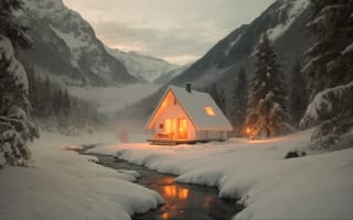 Картинка на открытом воздухе, небо, дом, пейзаж, дерево, облако, без людей, снег, дверь, зима, горы, расплавленная порода, природа