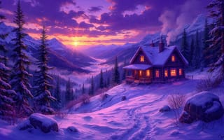 Картинка зима, горы, хвойные деревья, заснеженные вершины, хижина, уют, закатное солнце, альпийский домик, 4k, заснеженный пейзаж, домик, 1920 1080, лес, дымящиеся трубы, 2k, зимний вечер, горный ландшафт, вечерний пейзаж, тёплые огни, ели, закат, снежная тишина, красота зимы, нейросеть, живописный вид, природа, снег, ИИ, фиолетовое небо, морозная атмосфера