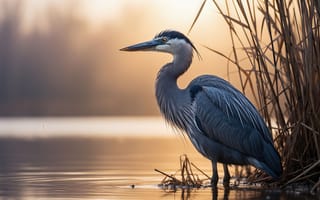 Картинка цапля, голубая цапля, водоём, эстетика природы, фото пейзаж, фауна, ИИ, умиротворение, 1920х1080, птица, отражение, пернатые, перья, нейросеть, вода, HD, болотистая местность, 2k, 4k, рассвет, дикая природа, золотистые оттенки, большая голубая цапля, болотная птица, длинная шея, тростник, природа, дикая красота, 16:9, закат, спокойствие, естественная среда, наблюдение за птицами, пейзаж, рабочий стол, клюв, камыш