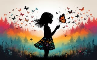 Картинка силуэт девушки, бабочки, ИИ, детская фигура, нейросеть, волшебный лес, мотив природы, градиентные цвета, красочный, мотив трансформации, художественная иллюстрация, сказочная атмосфера, закат, тёмный силуэт, 1920 1080, художественная композиция, лес