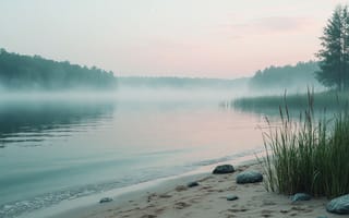 Картинка озеро, туман, вода, лесистый берег, утренний пейзаж, лес, утренний туман, нейросеть, естественная красота, спокойствие воды, камыш, рабочий стол, берег, отражение, прибрежная зона, 1920х1080, камни, дикая природа, трава, природа, свежесть, пейзаж, 16:9, HD, гладь, умиротворение, 2k, ИИ, тишина, 4k, умиротворяющий вид, рассвет, роса, песок, спокойствие, деревья
