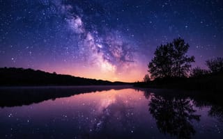 Картинка ночное небо, Млечный Путь, 2k, пейзаж, 6k, космическая красота, звёздная россыпь, река, 1920 1080, природная гармония, озеро, природа ночью, туманный горизонт, ИИ, звёздное небо, ночная гладь, нейросеть, силуэты деревьев, ночной пейзаж, звёздное отражение, звёздная галактика, звёздная дорожка, космическое отражение, 4k, отражение в воде, тёмное небо