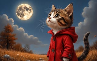 Картинка кот, котёнок, камни, красная куртка, облака, художественный рендеринг, реализм с элементами фантазии, 2k, трава, ночное небо, атмосфера спокойствия, 1920 1080, животное в одежде, кот в человеческом стиле, сказочность, осень, взгляд вверх, Луна, пейзаж, любопытство, деревья, природа, 4k, нейросеть, ИИ, милота, художественная иллюстрация, полнолуние, поле
