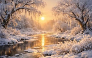 Картинка мороз, утро, лес, зима, солнце, река