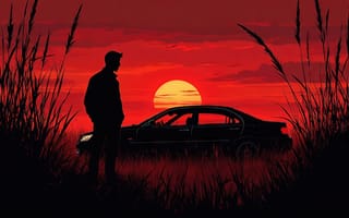Картинка силуэт, мужчина, нейросеть, минимализм, силуэт героя, красные тона, графика, поле, художественная композиция, вечерний пейзаж, тени, 2k, эстетика, закат, арт, 1920 1080, красный закат, машина в поле, ИИ, художественная иллюстрация, природа, закатное небо, трава, 4k, автомобиль