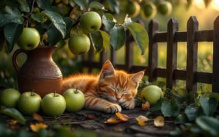 Картинка котёнок, рыжий котёнок, кувшин, нейросеть, дорожка, сон, глиняный кувшин, деревянный забор, природа, забор, тень, урожай, закатные лучи, зелень, яблоки, сельская местность, плоды, садовый уголок, ИИ, уютная сцена, зелёные яблоки, отдых, осень, 2k, 4k, яблоня, натюрморт, спокойствие, листва, листья, сад, умиротворение, 1920 1080, фрукты