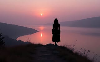 Картинка силуэт, девушка, горы, спокойствие, сумерки, романтика, закатное небо, умиротворение, тень, 1920 1080, ИИ, вечер, 2k, озеро, горизонт, закат, 4k, солнце, вода, красота, природа, отражение, пейзаж, нейросеть, водная гладь