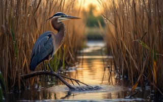 Картинка цапля, птица, пейзаж, природа, дикая фауна, клюв, 1920 1080, болотная птица, нейросеть, рассвет, большая голубая цапля, перья, водоём, природная красота, тростник, экосистема, водно-болотные угодья, 4k, камыши, ветка, длинная шея, ИИ, закат, дикая природа, вода, отражение, 2k, спокойствие, золотистое освещение
