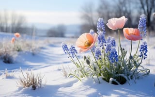 Картинка снег, цветы, ландшафт, утренний свет, солнечный свет, растительность, мускари, гармония природы, морозная свежесть, пейзаж, мороз, природа, мак, рабочий стол, контраст, розовые цветы, иней, цветение, весна, поле, 16:9, 4k, первоцветы, 2k, пробуждение природы, нейросеть, 1920х1080, ботаника, свежесть, заснеженное поле, красота, ИИ, HD, голубые цветы, зимний сад, нежные лепестки, зимний пейзаж