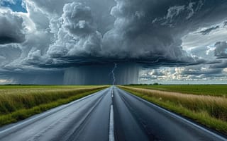 Картинка гроза, молния, дорога, буря, влажность, грозовой фронт, нейросеть, тучи, молния в небе, простор, дождь, небосвод, грозовое небо, 16:9, горизонт, облака, небо, ненастье, облачность, трасса, сельская дорога, 4k, дорога вдаль, 2k, атмосферность